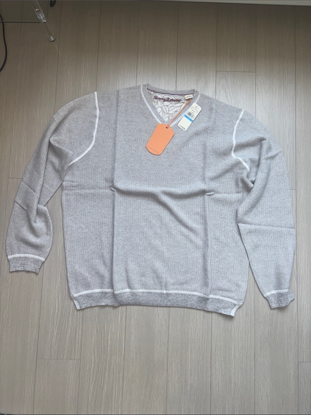 Tommy Bahama Light Gray V-Neck Sweater with White Trim